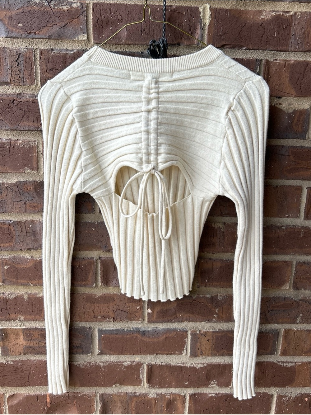 Ribbed Tie-Back Long Sleeve Top - Cream